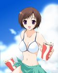  :d bikini blush breasts brown_hair cleavage cloud day drink dual_wielding holding medium_breasts midorigi_mura navel open_mouth outdoors purple_eyes rinrin_(sister_princess) sarong short_hair sister_princess sky smile solo string_bikini swimsuit 