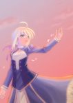  ahoge artist_request artoria_pendragon_(all) bangs blonde_hair blue_dress blue_eyes breasts dress eyebrows_visible_through_hair fate/stay_night fate_(series) green_eyes long_sleeves outdoors outstretched_arm parted_lips red_sky ribbon saber sky small_breasts solo sunset 