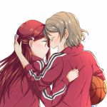  2girls arm_around_shoulder basketball blush eyes_closed from_behind grey_hair hair_ornament hairclip half_updo hand_on_another&#039;s_back jacket long_hair long_sleeves love_live! love_live!_sunshine!! multiple_girls open_mouth red_hair red_jacket sakurauchi_riko short_hair simple_background smile sweatband track_jacket upper_body watanabe_you white_background yuchi_(salmon-1000) 