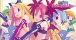  alternate_color archer_(disgaea) bat_wings blonde_hair cosplay demon_girl disgaea earrings elbow_gloves etna etna_(cosplay) fang female_warrior_(disgaea) flonne gloves harada_takehito highres jewelry long_hair makai_senki_disgaea midriff multiple_girls nippon_ichi official_art original pleinair pointy_ears prinny red_eyes red_hair ribbon twintails wings 