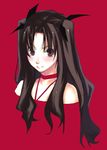  black_hair choker closed_mouth face fate/stay_night fate_(series) hair_ribbon iqu long_hair looking_at_viewer red_background red_eyes ribbon simple_background solo toosaka_rin two_side_up upper_body 