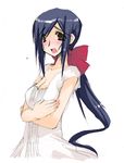  black_hair blush bow breasts brown_eyes cleavage dress hairan medium_breasts original ponytail sketch solo 