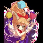  alphes bad_anatomy chain cube horns ibuki_suika jpeg_artifacts long_hair official_art oni oni_horns orange_hair pillarboxed pyramid_(geometry) ribbon scarlet_weather_rhapsody simple_background smile solo sphere touhou x_arms yellow_eyes 