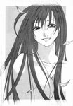  artist_request breasts collarbone greyscale hair_over_breasts large_breasts leaf long_hair looking_at_viewer monochrome natsume_aya nude smile solo tenjou_tenge upper_body 