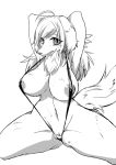  anthro areola areola_slip big_breasts bikini blush breasts canid canine clitoral_hood clothed clothing female fur hair huge_breasts kemono long_hair mammal monochrome open_mouth pussy skimpy sling_bikini solo sweat sweatdrop swimsuit tongue tongue_out たぬたん 