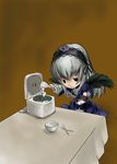  artist_request bowl chopsticks fine_art_parody food i_asked_for_scrambled long_sleeves no_midriff parody rice rice_bowl rice_cooker rozen_maiden solo suigintou 