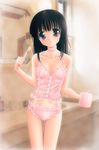  bangs bathroom black_hair blush brown_eyes camisole choker copyright_request cup frilled_panties frills hide_(rightstuff_annex) lingerie mirror panties pink_panties sink smile solo staring toothbrush underwear underwear_only window 