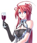  ahoge alcohol armband bare_shoulders black_gloves breasts cleavage cup drink drinking_glass elbow_gloves gloves ignis jingai_makyou large_breasts long_hair nishii_(nitroplus) purple_eyes red_hair smile solo wine wine_glass 