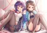  2girls anchor azur_lane bangs bare_shoulders belt black_bodysuit black_hair black_legwear blush bodysuit braid breasts brown_eyes cannon chains commentary_request dress gloves hair_ornament hairclip hand_up hat holding kimberly_(azur_lane) knees_up large_breasts long_sleeves mullany_(azur_lane) multicolored_hair multiple_girls open_mouth pantyhose parted_bangs pink_hair purple_hair red_neckwear sidelocks sitting smile solo sousouman thighhighs 