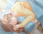  bed_sheet book brown_hair closed_eyes closed_mouth hair_down higuchi_shuu komaki_ikuno long_hair long_sleeves lying on_bed on_side pajamas pillow sleeping solo sunlight to_heart_2 under_covers 