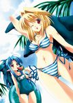  arcueid_brunestud ariko_youichi bikini blonde_hair blue_hair breasts cleavage day half_updo highres innertube len medium_breasts multiple_girls name_tag one-piece_swimsuit one_eye_closed ponytail red_eyes school_swimsuit side-tie_bikini string_bikini striped striped_bikini swimsuit tsukihime 