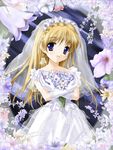  blonde_hair blue_eyes bridal_veil bride copyright_request dress flower gloves lace lace-trimmed_gloves miyase_mahiro see-through solo veil wedding_dress white_dress white_gloves 