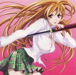 artist_request breasts cleavage curvy dress_shirt katana large_breasts leaning_forward long_hair long_sleeves looking_at_viewer natsume_aya open_clothes open_shirt orange_eyes orange_hair pink_background plaid plaid_skirt pleated_skirt school_uniform sheath shirt simple_background skirt smile solo sword tenjou_tenge unbuttoned very_long_hair weapon white_shirt 