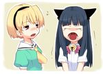  animal_ears bangs bell blonde_hair blue_hair blunt_bangs bow cat_ears dress furude_rika hairband higurashi_no_naku_koro_ni houjou_satoko jingle_bell long_hair lowres multiple_girls pink_bow red_eyes sailor_dress short_hair takenashi_eri uvula yawning 