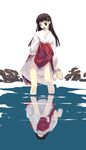 :d brown_eyes brown_hair hakama holding holding_shoes japanese_clothes long_hair long_sleeves miko murakami_suigun no_panties open_mouth original pale_skin red_hakama reflection sandals shoes simple_background skirt skirt_lift smile solo wading water 