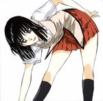  artist_request bend bent_over black_hair breasts cleavage highres medium_breasts pleated_skirt school_rumble school_uniform short_hair skirt solo suou_mikoto 