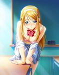  bad_proportions blonde_hair blue_eyes blush bow bra breasts chalkboard classroom classroom_eraser cleavage closed_mouth covered_nipples desk error hairband indoors lingerie long_hair lovers medium_breasts open_clothes open_shirt pleated_skirt school_desk school_uniform shirt skirt socks solo taki_minashika tashiro_miki underwear 