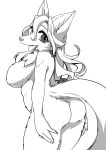  anthro big_breasts breasts butt canid canine female fur hair inner_ear_fluff kemono long_hair mammal monochrome nude open_mouth tongue tongue_out たぬたん 