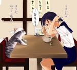  animal black_hair cat chair chopsticks eating food futaba_channel holding holding_hair menu noodles occhan original pleated_skirt school_uniform serafuku sitting skirt solo table tenugui translated udon yurikawa 