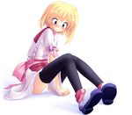  black_legwear blonde_hair blue_eyes blush bow dress dress_tug embarrassed eternal_melody lemit_mariena panties pantyshot pantyshot_(sitting) pink_bow poco_(asahi_age) shoes short_hair sitting solo thighhighs underwear white_panties 