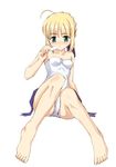  ahoge artoria_pendragon_(all) bare_shoulders barefoot blonde_hair casual_one-piece_swimsuit date_(senpen) fate/stay_night fate_(series) feet food full_body one-piece_swimsuit popsicle saber simple_background solo swimsuit white_background white_swimsuit 