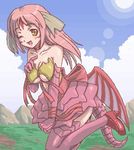 artist_request breasts copyright_request dragon_girl horns large_breasts lowres monster_girl oekaki one_eye_closed open_mouth pink_hair pink_legwear smile solo tail thighhighs underboob wings 