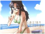  beach bikini black_hair breasts cleavage cloud day food hot large_breasts long_hair mikage_nao ocean outdoors popsicle read_or_die solo string_bikini swimsuit water yomiko_readman 