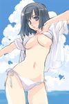  bikini black_hair breasts cloud day matsumoto_noriyuki medium_breasts open_clothes open_shirt original shirt side-tie_bikini solo string_bikini swimsuit underboob 