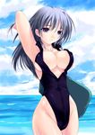  adjusting_hair amei_sumeru arm_up armpits blue_hair breasts cleavage cloud copyright_request covered_nipples day highleg highleg_swimsuit highres kickboard large_breasts long_hair ocean one-piece_swimsuit outdoors purple_eyes sideboob sky smile solo swimsuit water wet 