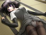  black_eyes black_hair crotch_seam dress eyebrows_visible_through_hair game_cg indoors kitazawa_mari long_sleeves lying on_back panties panties_under_pantyhose pantyhose pantyshot pantyshot_(lying) purple_eyes sakaki_maki short_hair solo thighband_pantyhose thighs to... underwear 