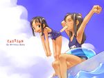  armpits arms_up artist_request black_hair brown_eyes child cloud copyright_request day english food innertube mouth_hold multiple_girls name_tag one-piece_swimsuit one_eye_closed outdoors pool poolside popsicle school_swimsuit sitting soaking_feet stretch swimsuit tan 