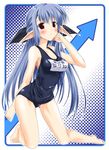  barefoot blue_hair breasts half_updo long_hair medium_breasts mizuki_makoto name_tag nerine one-piece_swimsuit pointy_ears red_eyes school_swimsuit shuffle! solo swimsuit 