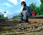  1girl balancing cloud day denim harima_kenji jeans lowres oekaki pants railroad_tracks school_rumble sitting sky sora_(efr) sunglasses 