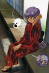  90s fan gotou_keiji highres hoshino_ruri incense japanese_clothes kayari_buta kidou_senkan_nadesico kimono long_hair long_sleeves obi official_art paper_fan red_kimono sandals sash sitting solo uchiwa yukata 