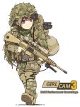  1girl backpack bag bangs black_hair body_armor boots brown_footwear brown_jacket brown_pants camouflage camouflage_jacket camouflage_pants closed_mouth combat_boots english_text full_body ghillie_suit gun harness holding holding_gun holding_weapon jacket knee_pads light_frown long_sleeves looking_to_the_side military original pants purple_eyes scope short_hair simple_background solo standing tacit_ronin tantu_(tc1995) trigger_discipline utility_pole walking weapon weapon_request white_background 