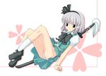  black_hairband blush bow bowtie date_(senpen) green_eyes hairband katana konpaku_youmu panties scabbard sheath sheathed short_hair silver_hair solo striped striped_panties sword tassel touhou underwear vest weapon 