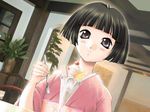  akiyoshi_yoshiaki blush brown_hair food game_cg ice_cream japanese_clothes jpeg_artifacts kimono short_hair solo spoon 