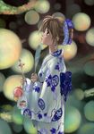  animal bag bagged_fish blurry bokeh brown_hair depth_of_field earrings fan festival fish flower hair_flower hair_ornament japanese_clothes jewelry kimono long_sleeves original paako_(kugawara_kazuki) paper_fan profile solo uchiwa water_yoyo wind_chime yukata 