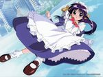  andou_mahoro apron artist_request blue_background bobby_socks frilled_apron frills green_eyes long_hair long_sleeves mahoromatic maid maid_headdress ponytail purple_hair shoes socks solo 