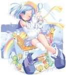  asymmetrical_clothes blue_eyes blue_hair bubble detached_sleeves lowres moetan one-piece_swimsuit one_eye_closed one_side_up pastel_ink pop rainbow school_swimsuit short_hair single_thighhigh solo swimsuit thighhighs visor_cap white_school_swimsuit white_swimsuit 