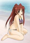  :p barefoot beach bikini blush brown_eyes day feet kousaka_tamaki long_hair mouth_hold ocean outdoors red_hair sand side-tie_bikini solo sore-hp string_bikini swimsuit to_heart_2 tongue tongue_out water 