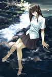  back_cover barefoot cover full_body matsumoto_noriyuki original pleated_skirt river school_uniform sitting skirt soaking_feet solo water 