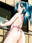  apron aqua_hair artist_name ass atchy blush chopsticks copyright_request long_hair looking_back naked_apron open_mouth solo twintails 