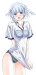  :o angry arm_behind_back asahi_(fullmetal_madness) bangs black_scrunchie blue_eyes blunt_bangs blush braid buruma clothes_writing collaboration_request embarrassed groin gym_uniform hair_ornament hairclip headshop jpeg_artifacts looking_at_viewer non-web_source open_mouth scrunchie seolla_schweizer shirt shirt_tug short_hair side_braid sidelocks silver_hair simple_background solo standing super_robot_wars sweatdrop t-shirt thighs third-party_edit white_background 