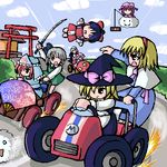  alice_margatroid artist_request black_hair blonde_hair bow cloud day driving fan hair_bow hairband hakurei_reimu hat izayoi_sakuya katana kedama kirisame_marisa konpaku_youmu long_sleeves lowres mario_(series) mario_kart mob_cap multiple_girls o_o parody patchouli_knowledge pink_bow remilia_scarlet saigyouji_yuyuko short_hair silver_hair source_request super_mario_bros. sword torii touhou weapon witch_hat 