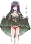  black_hair black_panties brown_neckwear brown_sailor_collar dress dress_lift green_dress grin long_hair long_sleeves maria-sama_ga_miteru mizuryuu_kei neckerchief ogasawara_sachiko panties parody pleated_dress rule_of_rose sailor_collar smile solo translation_request underwear 