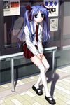  artist_request blue_hair bow bulletin_board bus_stop green_eyes hair_bow highres light_smile long_hair long_sleeves narukaze_minamo necktie pleated_skirt reflection school_uniform sitting_on_railing skirt solo thighhighs twintails wind_a_breath_of_heart 