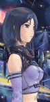  black_hair breasts carina_(xiaowoo) city copyright_request covered_nipples detached_sleeves lipstick makeup midriff purple_eyes science_fiction see-through short_hair small_breasts solo 