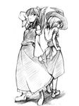 arm_behind_head ascot back-to-back bangs boots bow capelet cross-laced_footwear detached_sleeves from_behind full_body greyscale hair_bow hakurei_reimu hand_on_hip hat hatching_(texture) hikawa_shou kirisame_marisa lace-up_boots loafers long_hair long_sleeves looking_at_viewer looking_back monochrome multiple_girls ponytail shoes short_hair simple_background skirt skirt_set source_request standing straight_hair touhou vest white_background witch_hat 