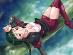  bandeau bike_shorts braid green_hair hand_on_forehead lying maruto! my-hime okuzaki_akira on_back open_clothes open_shirt red_eyes red_legwear shirt single_braid solo strapless thighhighs 